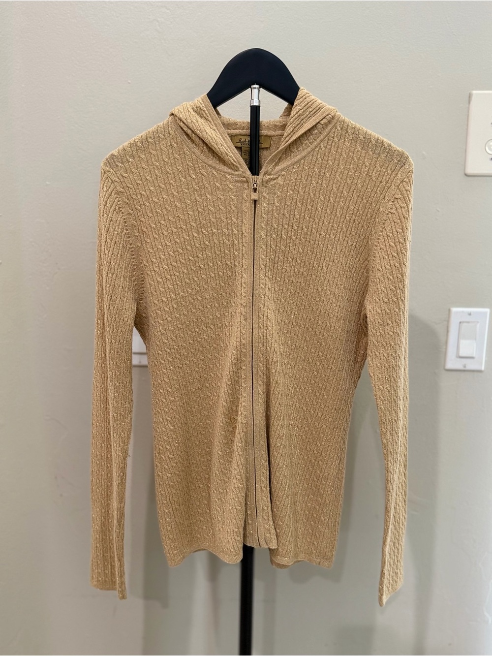 Peck & Peck Camel Beige Cable Knit Metallic Hooded Zip Cardigan Quiet Luxury